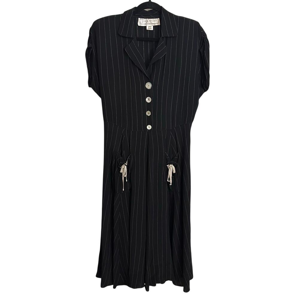 Janice McCarty Dress Womens Small Black Pinstripe Button Front Midi Tie Back VTG